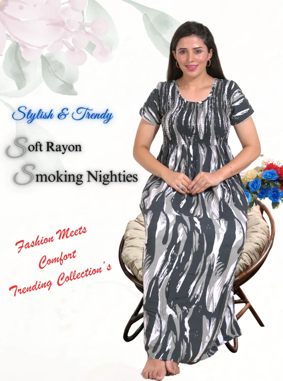 New Arrivals ONLY MINE Premium RAYON Smokey Nighty | Beautiful Pleated Design | Side Pocket | Stylish Nighty for Trendy Women's | Your Perfect Nightwear Collection's (RYS)