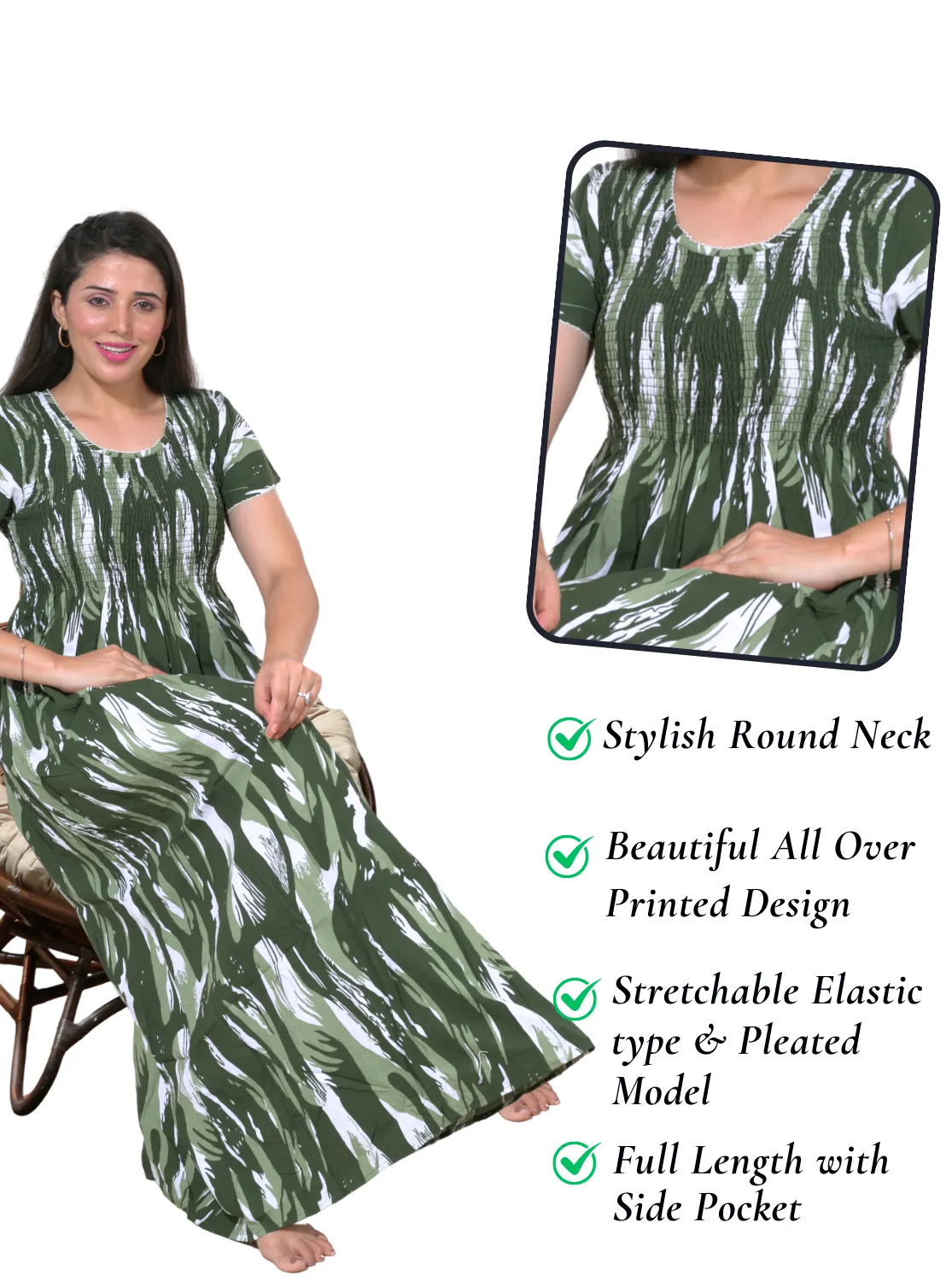 New Arrivals ONLY MINE Premium RAYON Smokey Nighty | Beautiful Pleated Design | Side Pocket | Stylish Nighty for Trendy Women's | Your Perfect Nightwear Collection's (RYS)