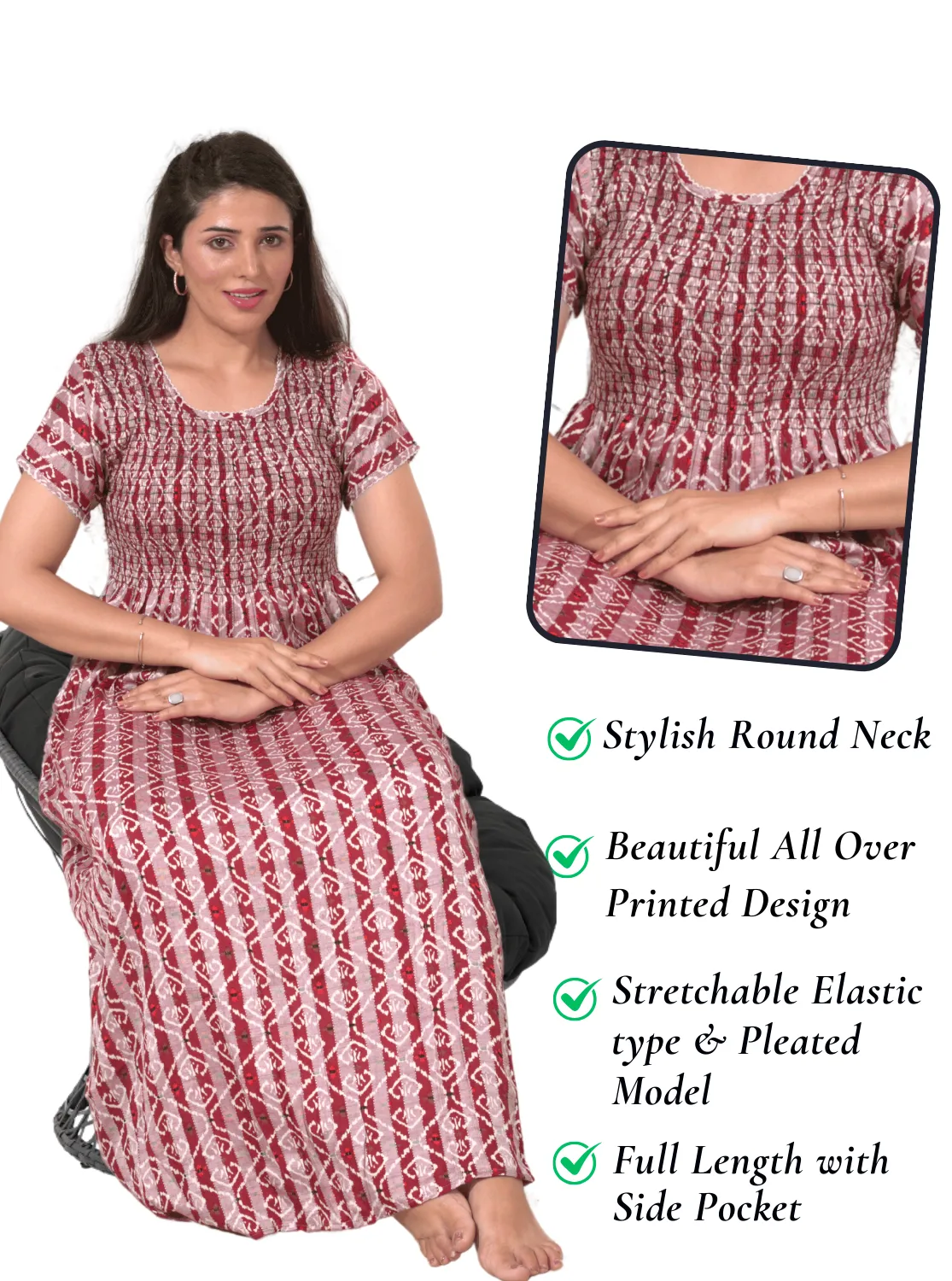 New Arrivals ONLY MINE Premium RAYON Smokey Nighty | Beautiful Pleated Design | Side Pocket | Stylish Nighty for Trendy Women's | Your Perfect Nightwear Collection's (RYS)