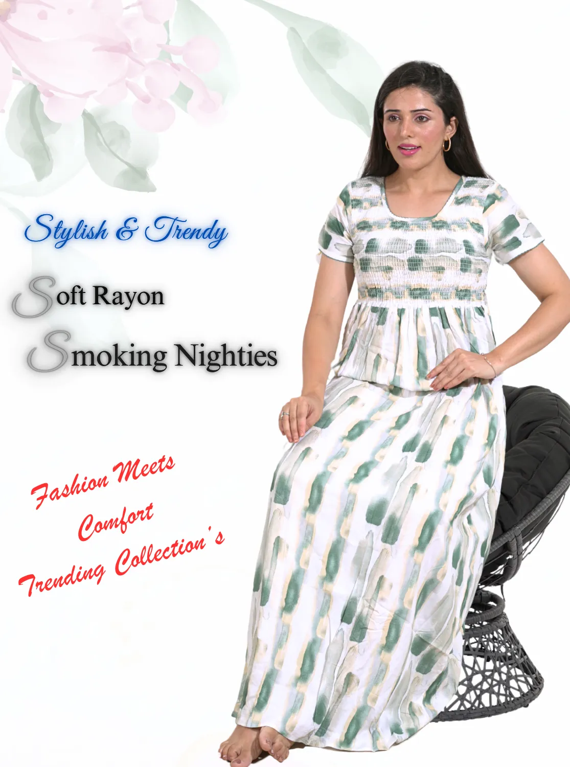 New Arrivals ONLY MINE Premium RAYON Smokey Nighty | Beautiful Pleated Design | Side Pocket | Stylish Nighty for Trendy Women's | Your Perfect Nightwear Collection's (RYS)