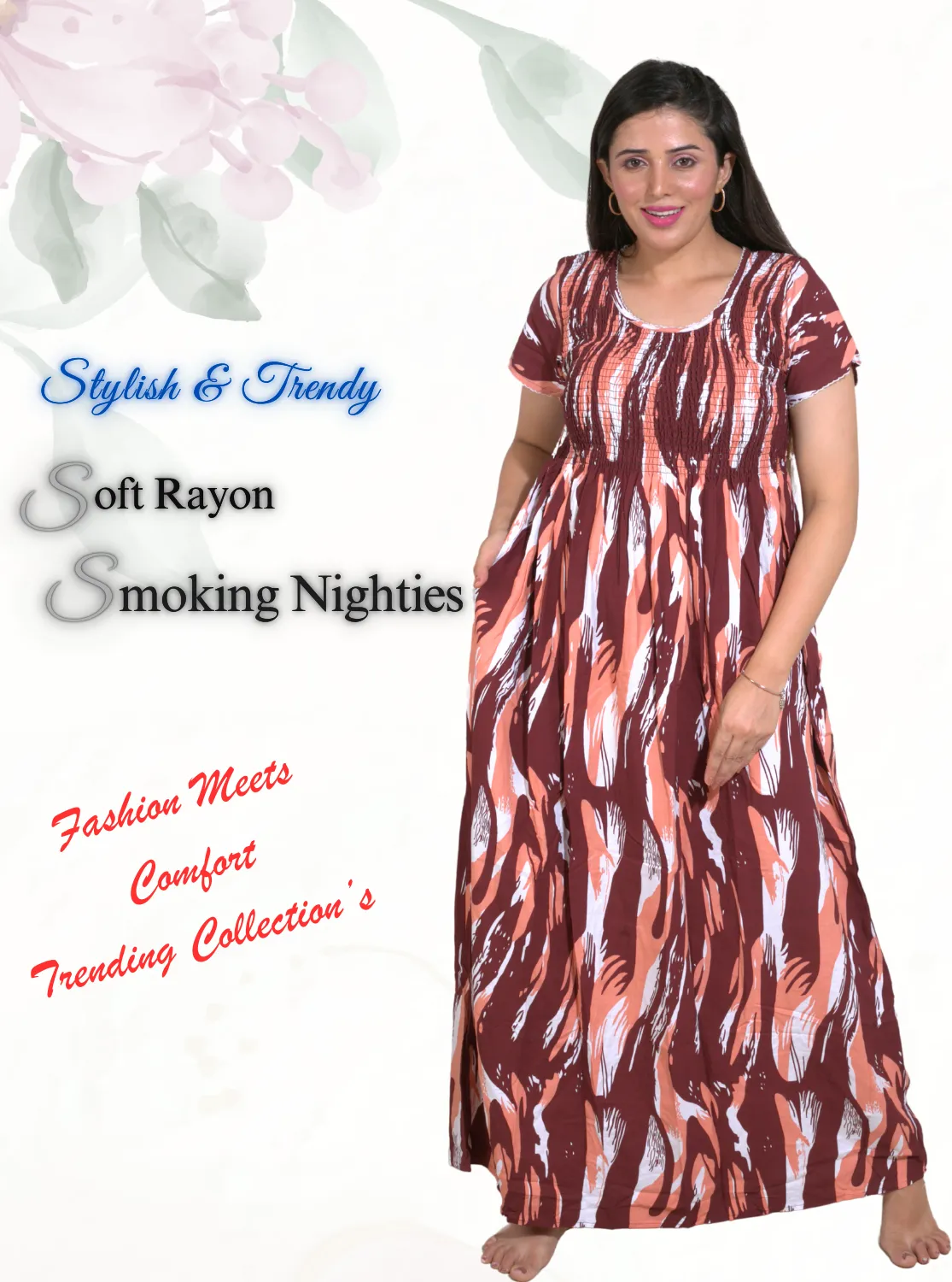 New Arrivals ONLY MINE Premium RAYON Smokey Nighty | Beautiful Pleated Design | Side Pocket | Stylish Nighty for Trendy Women's | Your Perfect Nightwear Collection's (RYS)