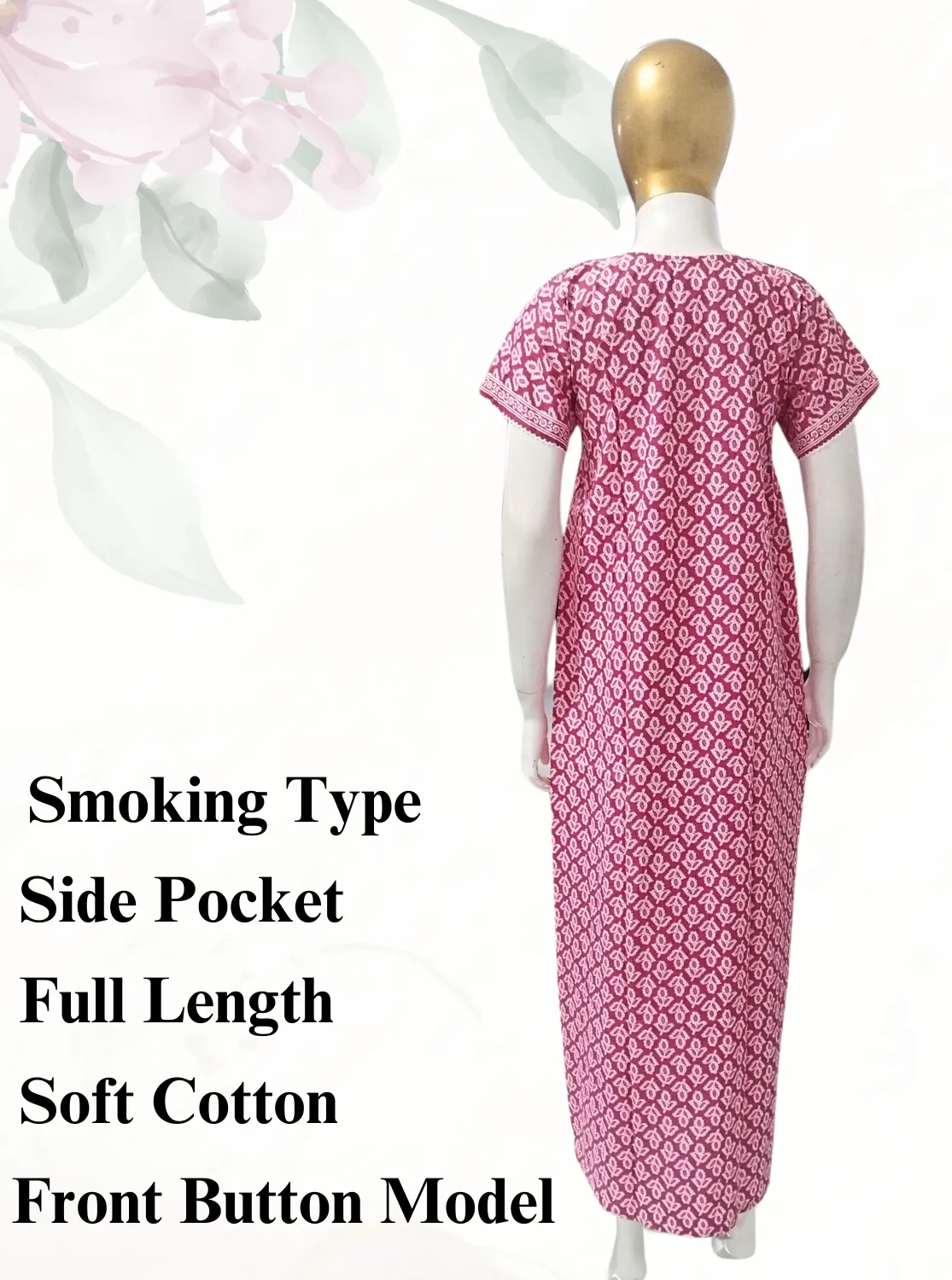 New MANGAI Premium COTTON Printed Smokey Nighty | Beautiful Pleated Design | Side Pocket | Stylish Nighty for Trendy Women's | Your Perfect Nightwear Collection's (MPL)