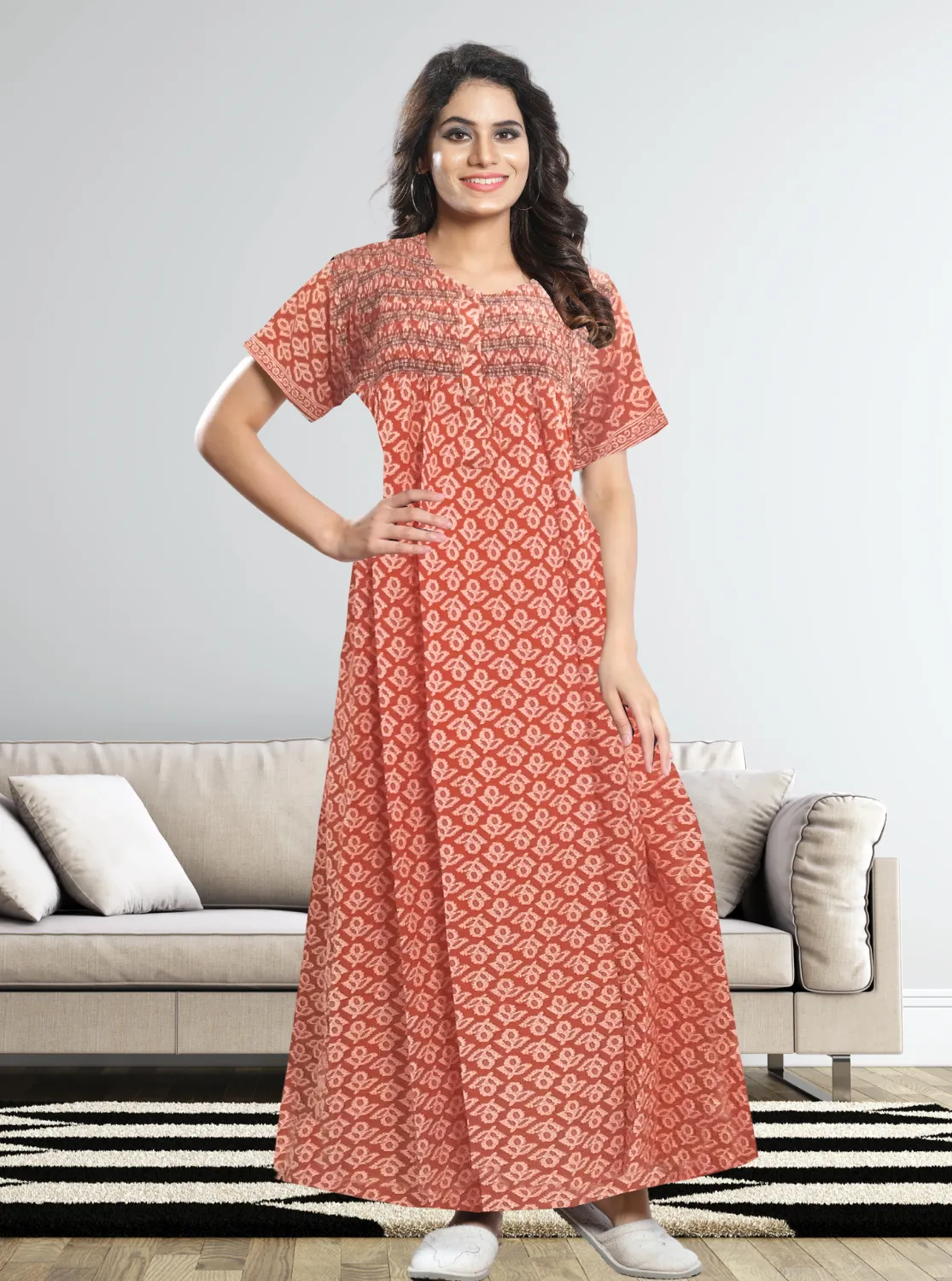 New MANGAI Premium COTTON Printed Smokey Nighty | Beautiful Pleated Design | Side Pocket | Stylish Nighty for Trendy Women's | Your Perfect Nightwear Collection's (MPL)