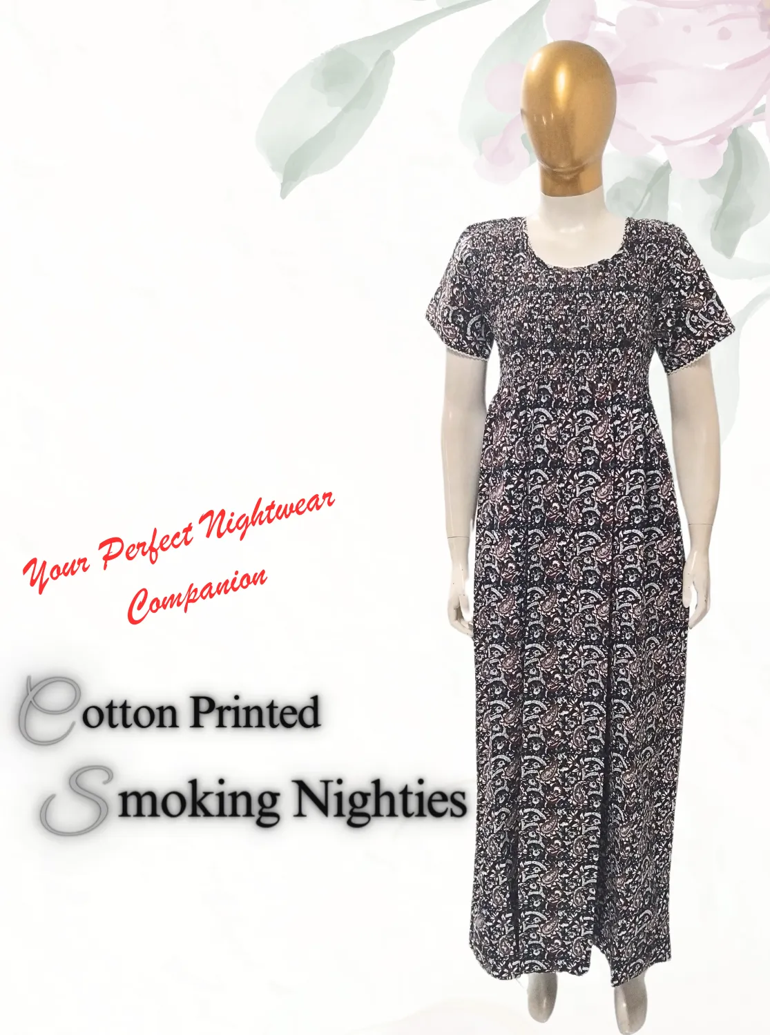 New MANGAI Premium COTTON Printed Smokey Nighty | Beautiful Pleated Design | Side Pocket | Stylish Nighty for Trendy Women's | Your Perfect Nightwear Collection's (MPL)