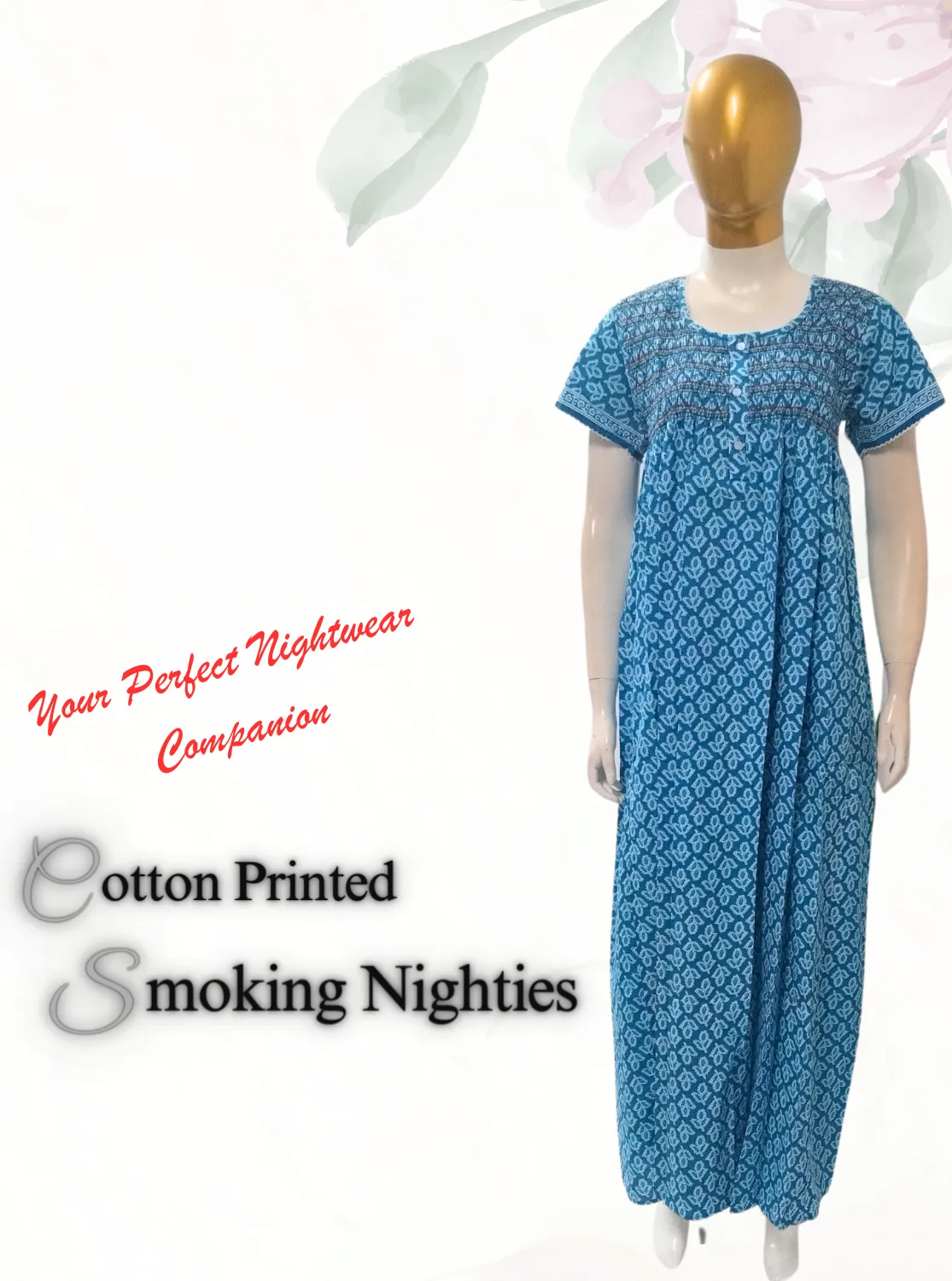 New MANGAI Premium COTTON Printed Smokey Nighty | Beautiful Pleated Design | Side Pocket | Stylish Nighty for Trendy Women's | Your Perfect Nightwear Collection's (MPL)