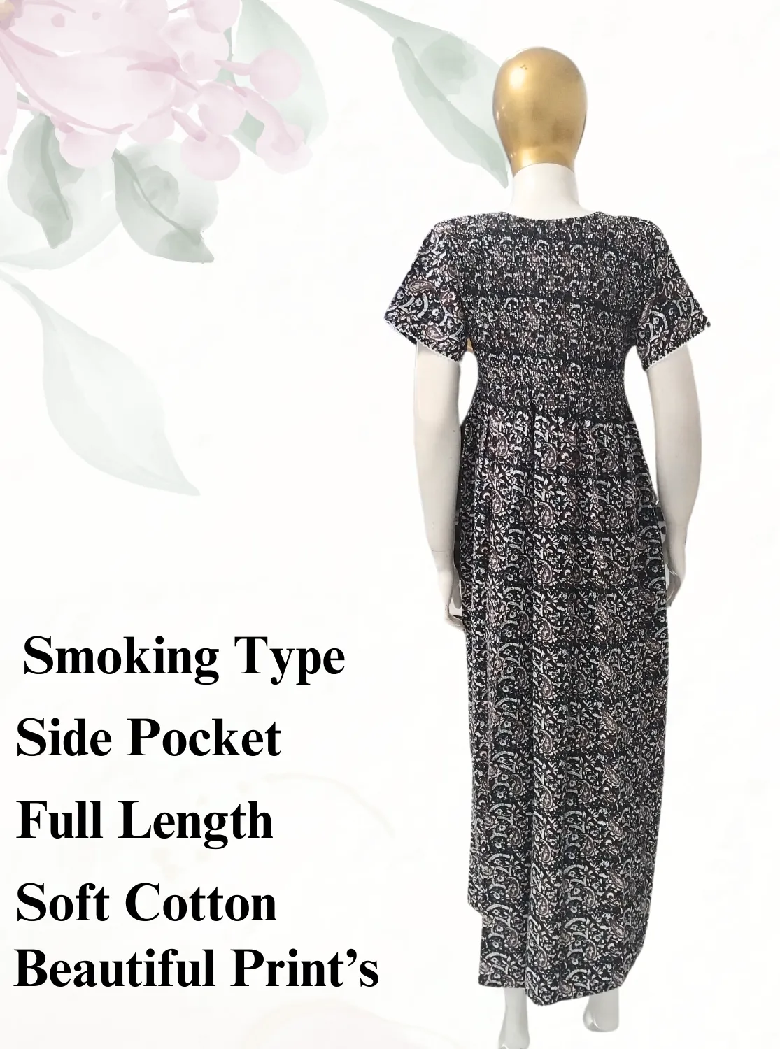 New MANGAI Premium COTTON Printed Smokey Nighty | Beautiful Pleated Design | Side Pocket | Stylish Nighty for Trendy Women's | Your Perfect Nightwear Collection's (MPL)