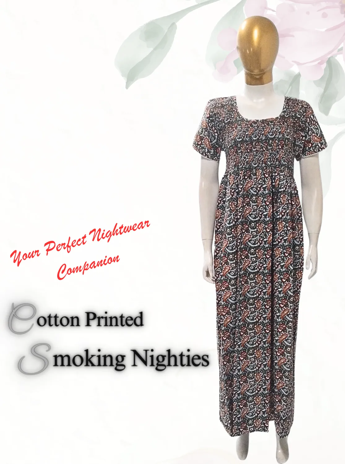 New MANGAI Premium COTTON Printed Smokey Nighty | Beautiful Pleated Design | Side Pocket | Stylish Nighty for Trendy Women's | Your Perfect Nightwear Collection's (MPL)