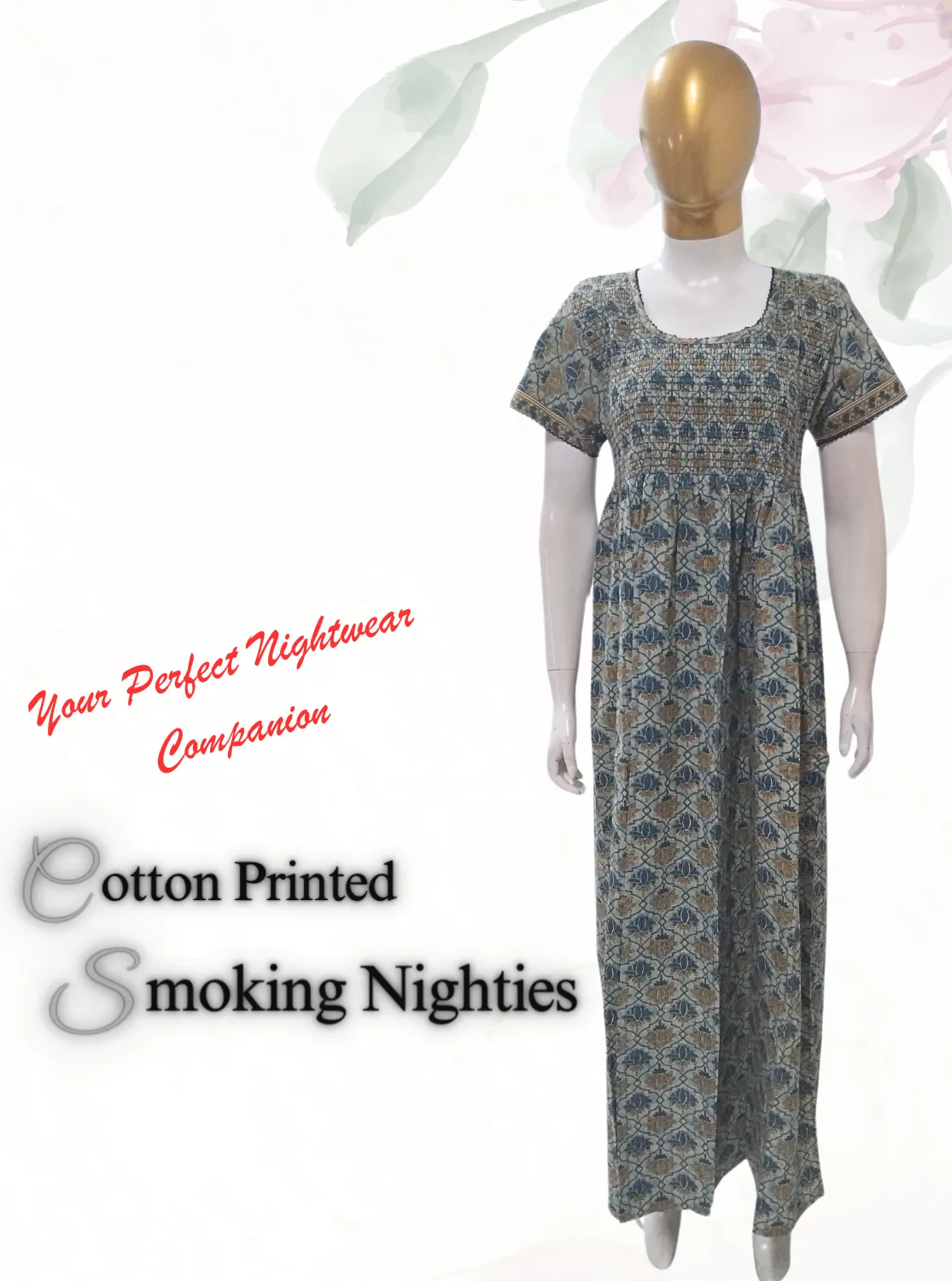 New MANGAI Premium COTTON Printed Smokey Nighty | Beautiful Pleated Design | Side Pocket | Stylish Nighty for Trendy Women's | Your Perfect Nightwear Collection's (MPL)