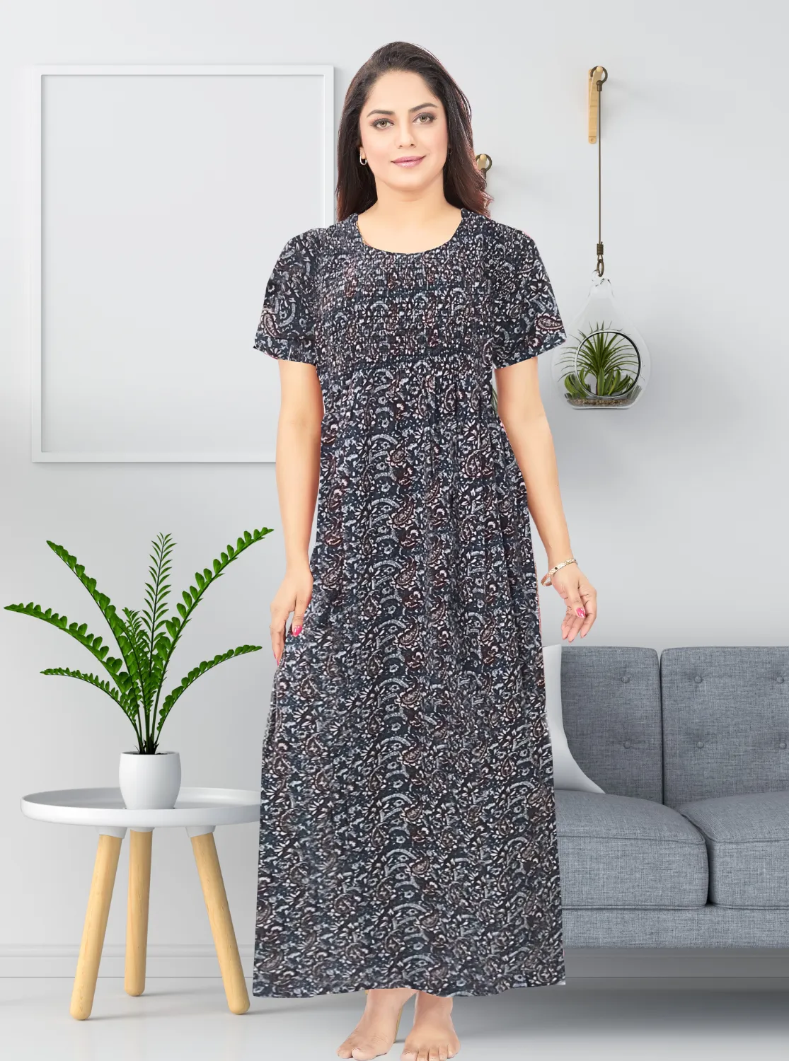 New MANGAI Premium COTTON Printed Smokey Nighty | Beautiful Pleated Design | Side Pocket | Stylish Nighty for Trendy Women's | Your Perfect Nightwear Collection's (MPL)