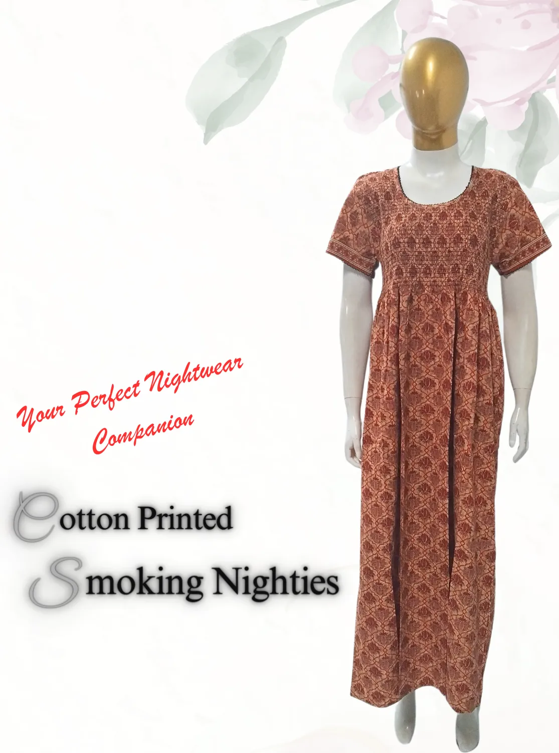 New MANGAI Premium COTTON Printed Smokey Nighty | Beautiful Pleated Design | Side Pocket | Stylish Nighty for Trendy Women's | Your Perfect Nightwear Collection's (MPL)