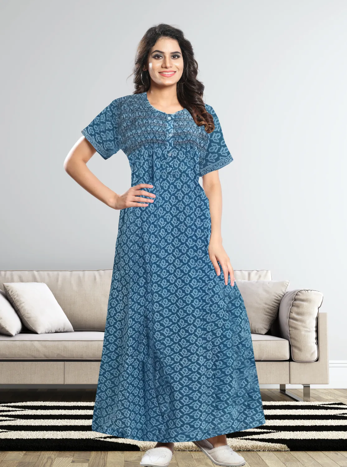 New MANGAI Premium COTTON Printed Smokey Nighty | Beautiful Pleated Design | Side Pocket | Stylish Nighty for Trendy Women's | Your Perfect Nightwear Collection's (MPL)