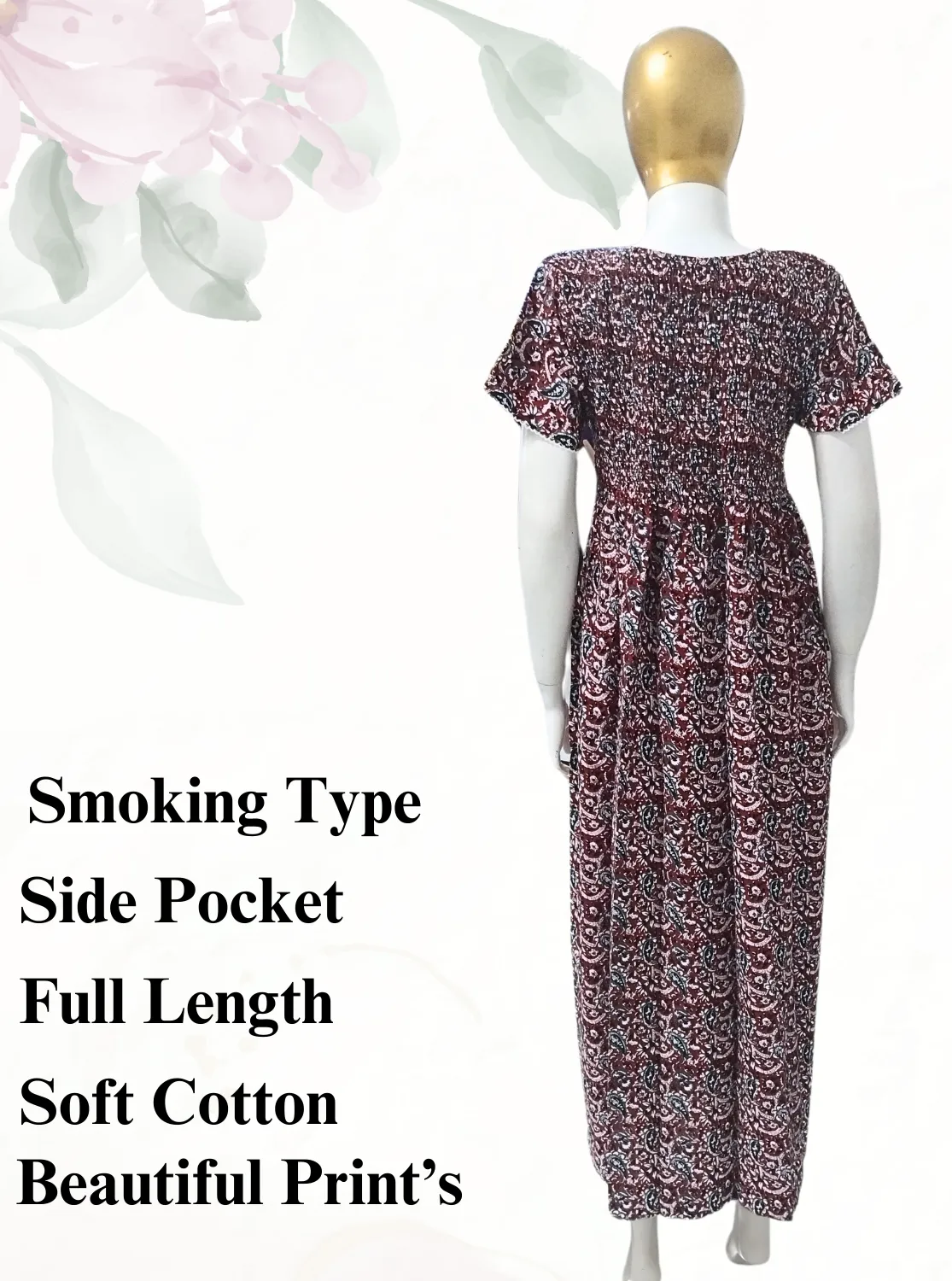 New MANGAI Premium COTTON Printed Smokey Nighty | Beautiful Pleated Design | Side Pocket | Stylish Nighty for Trendy Women's | Your Perfect Nightwear Collection's (MPL)