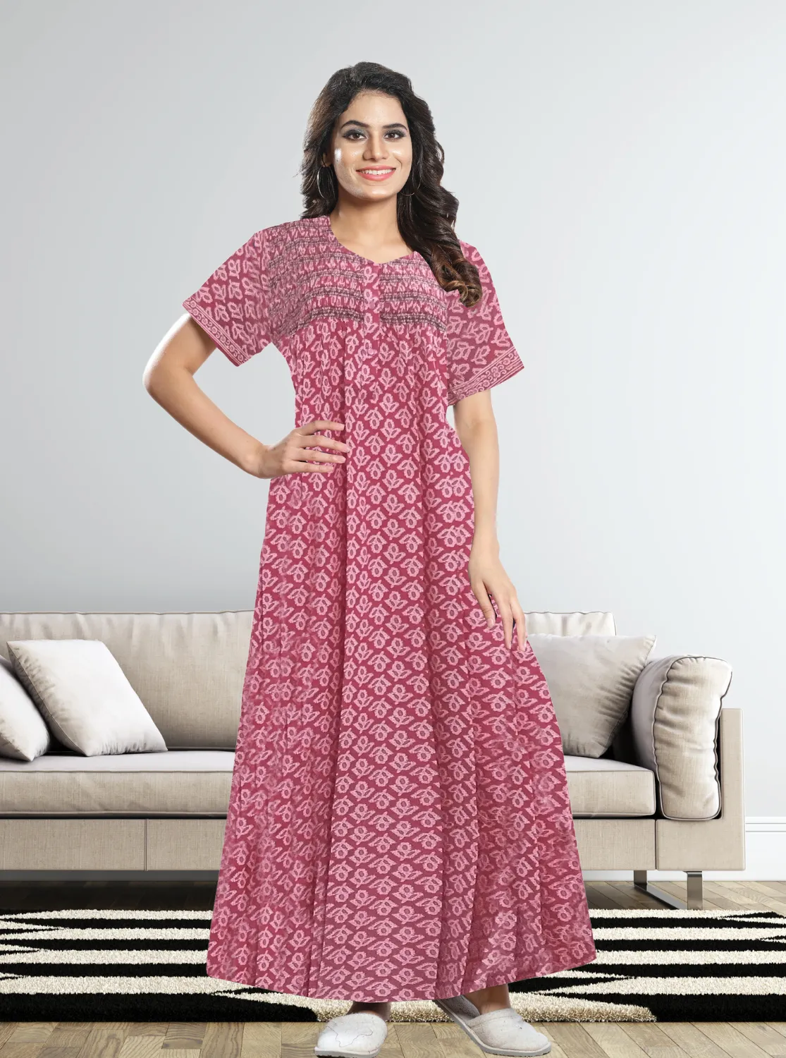 New MANGAI Premium COTTON Printed Smokey Nighty | Beautiful Pleated Design | Side Pocket | Stylish Nighty for Trendy Women's | Your Perfect Nightwear Collection's (MPL)