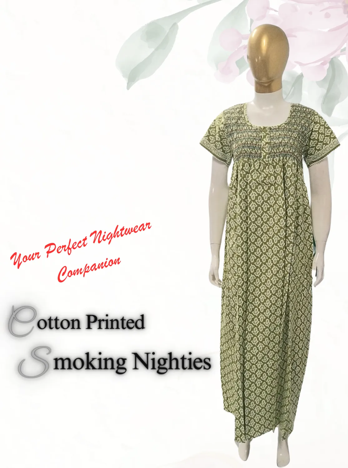 New MANGAI Premium COTTON Printed Smokey Nighty | Beautiful Pleated Design | Side Pocket | Stylish Nighty for Trendy Women's | Your Perfect Nightwear Collection's (MPL)