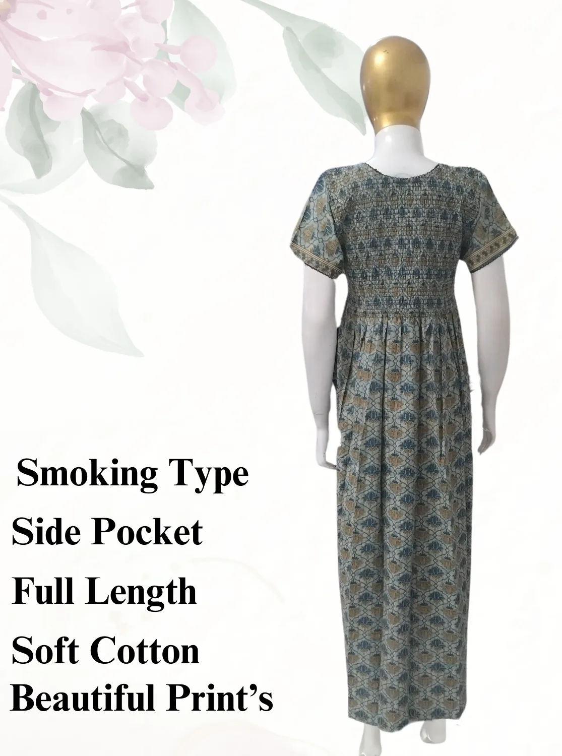 New MANGAI Premium COTTON Printed Smokey Nighty | Beautiful Pleated Design | Side Pocket | Stylish Nighty for Trendy Women's | Your Perfect Nightwear Collection's (MPL)