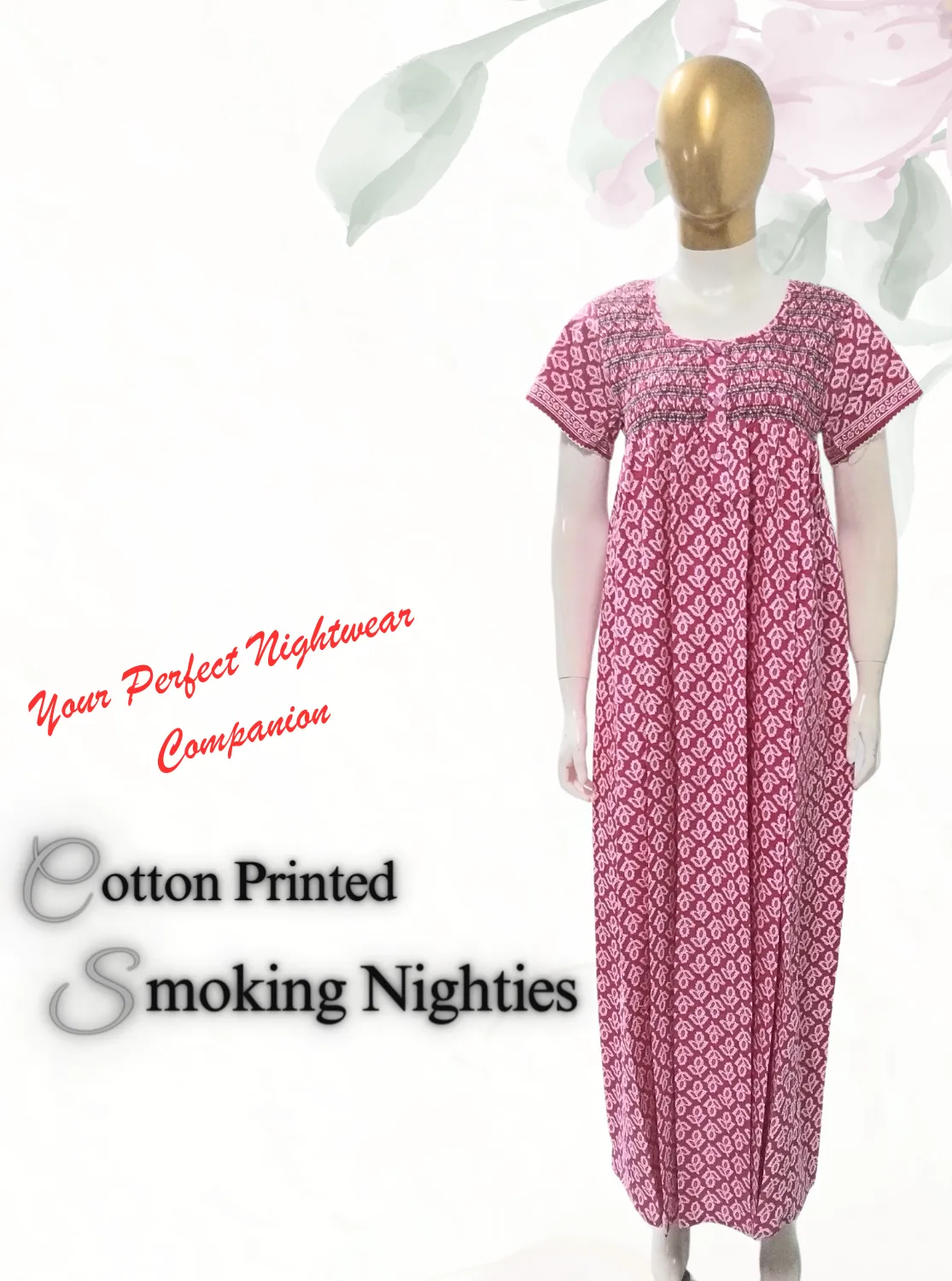 New MANGAI Premium COTTON Printed Smokey Nighty | Beautiful Pleated Design | Side Pocket | Stylish Nighty for Trendy Women's | Your Perfect Nightwear Collection's (MPL)