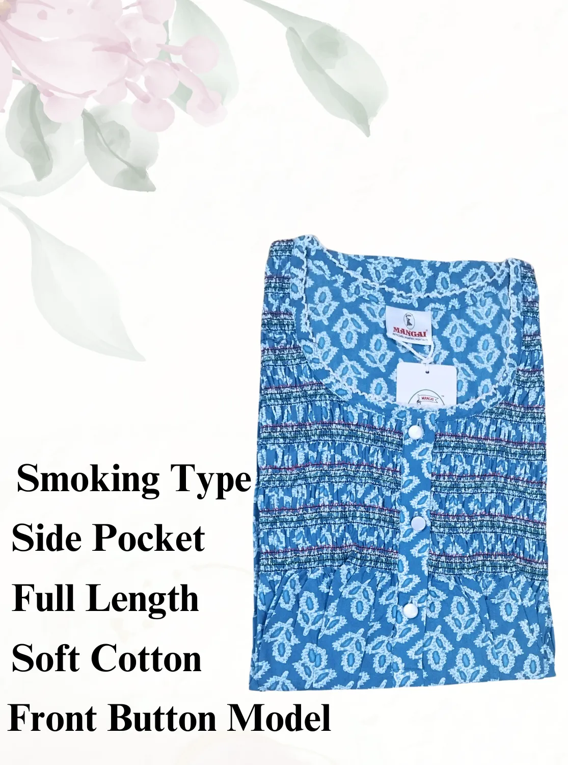 New MANGAI Premium COTTON Printed Smokey Nighty | Beautiful Pleated Design | Side Pocket | Stylish Nighty for Trendy Women's | Your Perfect Nightwear Collection's (MPL)