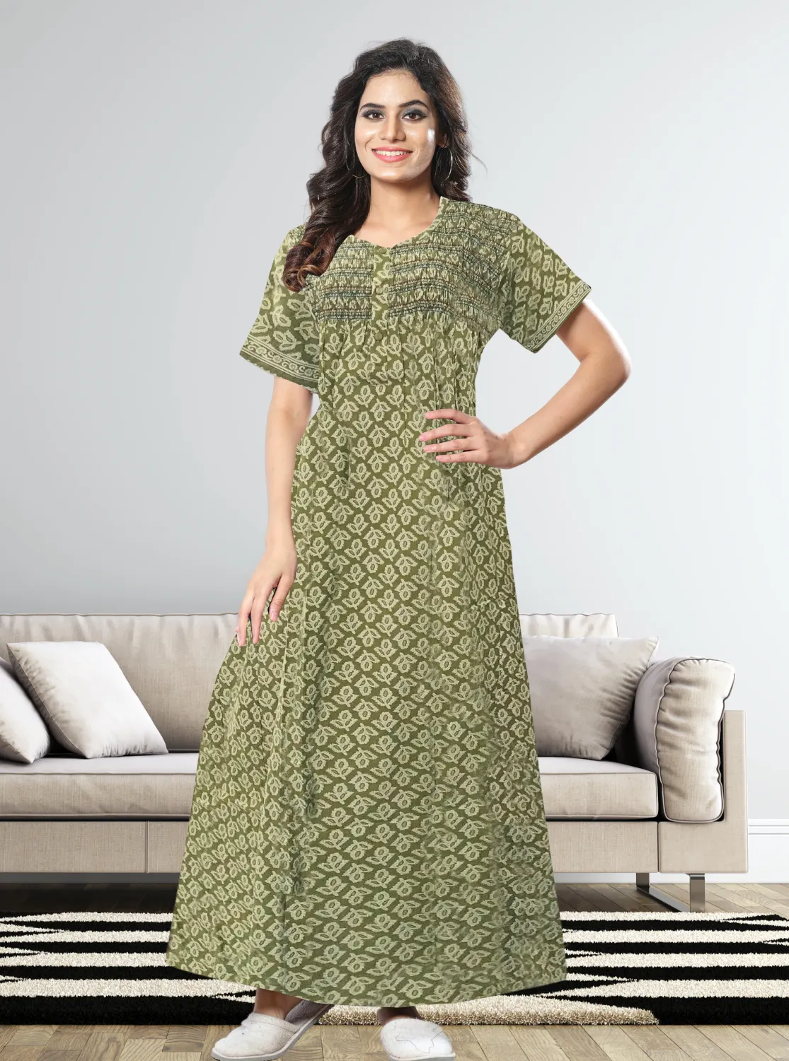 New MANGAI Premium COTTON Printed Smokey Nighty | Beautiful Pleated Design | Side Pocket | Stylish Nighty for Trendy Women's | Your Perfect Nightwear Collection's (MPL)