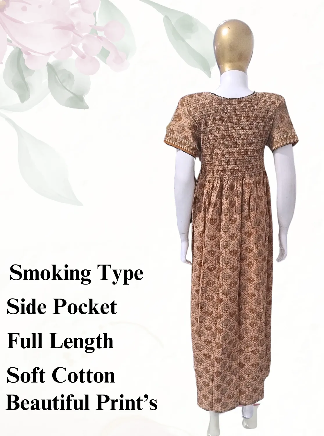 New MANGAI Premium COTTON Printed Smokey Nighty | Beautiful Pleated Design | Side Pocket | Stylish Nighty for Trendy Women's | Your Perfect Nightwear Collection's (MPL)