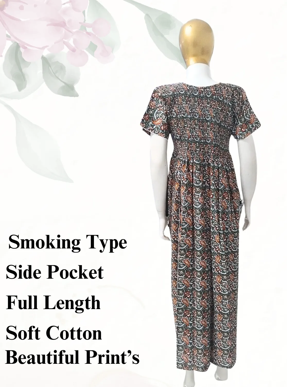 New MANGAI Premium COTTON Printed Smokey Nighty | Beautiful Pleated Design | Side Pocket | Stylish Nighty for Trendy Women's | Your Perfect Nightwear Collection's (MPL)