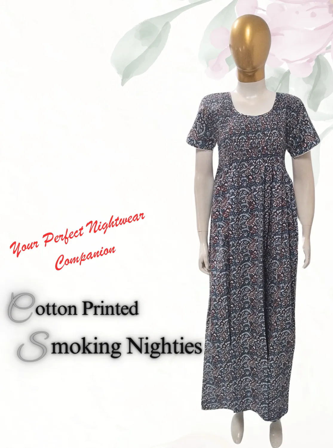 New MANGAI Premium COTTON Printed Smokey Nighty | Beautiful Pleated Design | Side Pocket | Stylish Nighty for Trendy Women's | Your Perfect Nightwear Collection's (MPL)