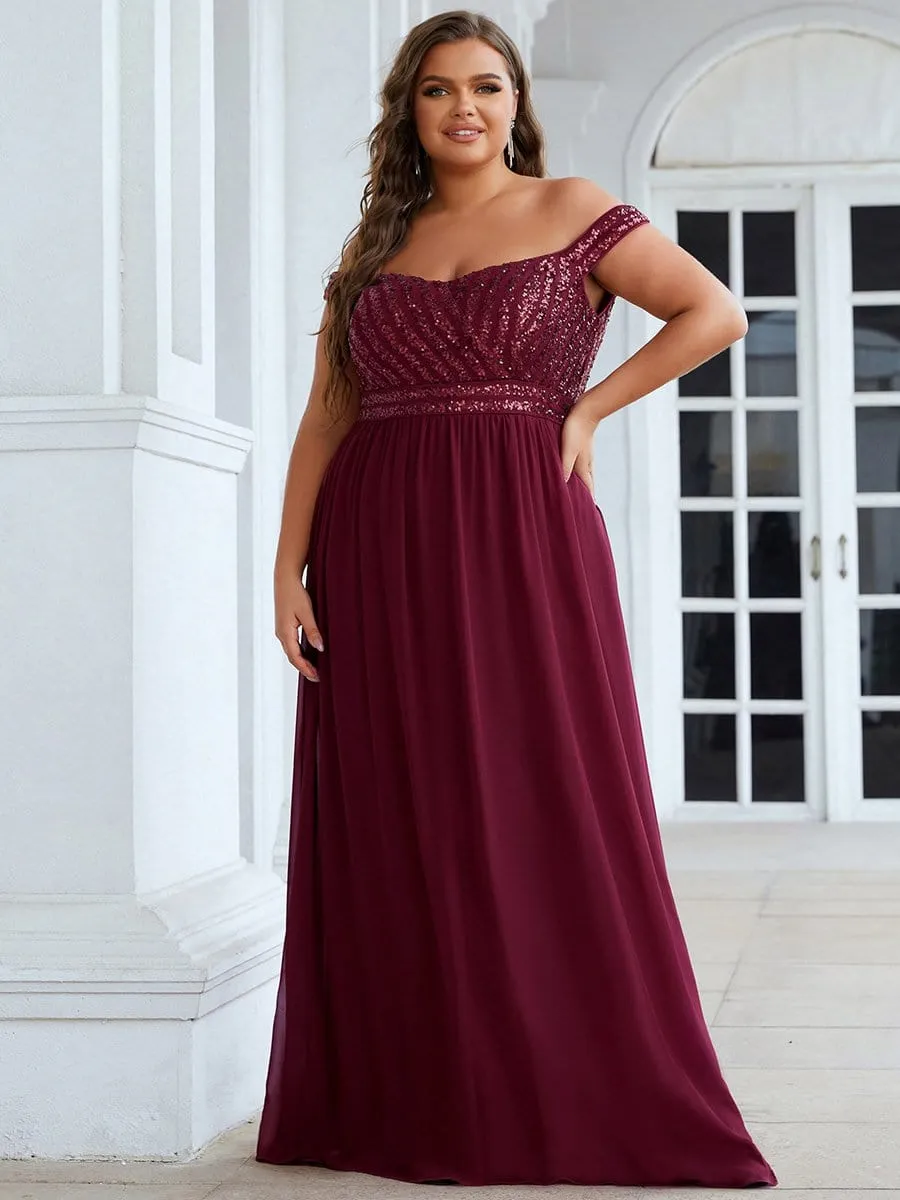 Plus Size Striped Sequin Sweetheart Floor-Length Evening Dress