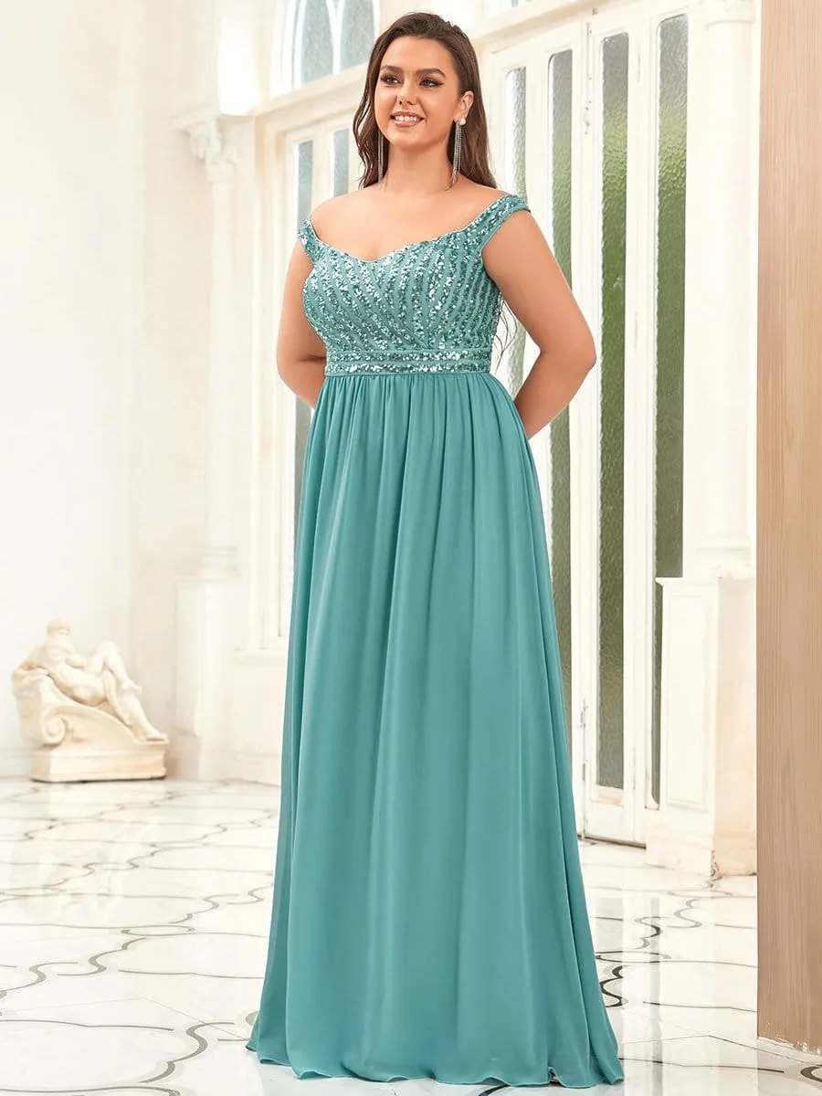 Plus Size Striped Sequin Sweetheart Floor-Length Evening Dress