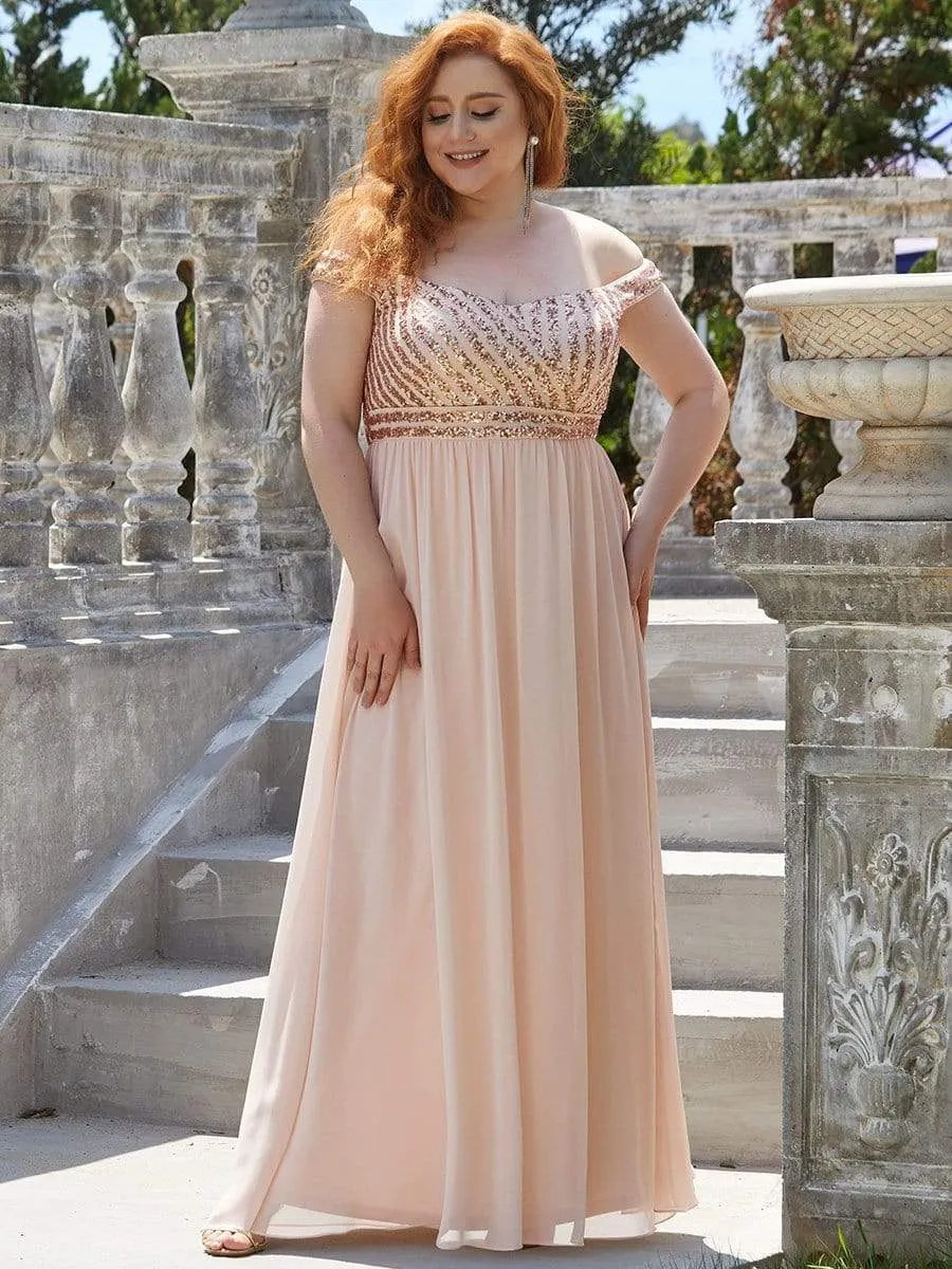 Plus Size Striped Sequin Sweetheart Floor-Length Evening Dress