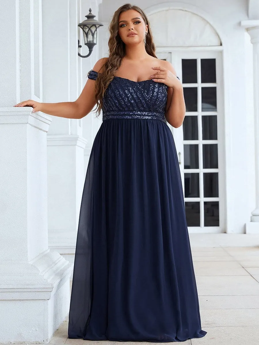 Plus Size Striped Sequin Sweetheart Floor-Length Evening Dress