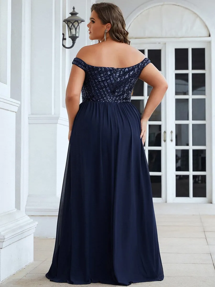 Plus Size Striped Sequin Sweetheart Floor-Length Evening Dress