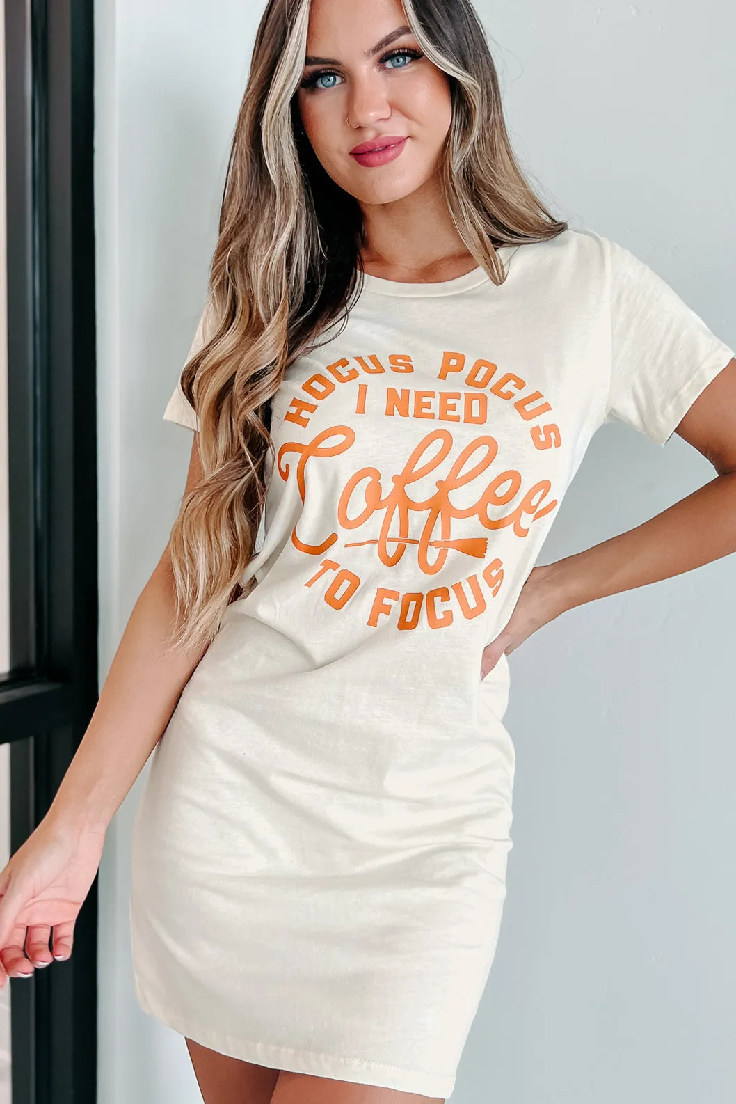 "I Need Coffee To Focus" Graphic T-Shirt Dress (Cream) - Print On Demand