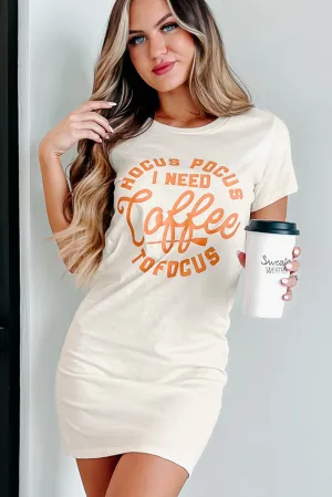 "I Need Coffee To Focus" Graphic T-Shirt Dress (Cream) - Print On Demand