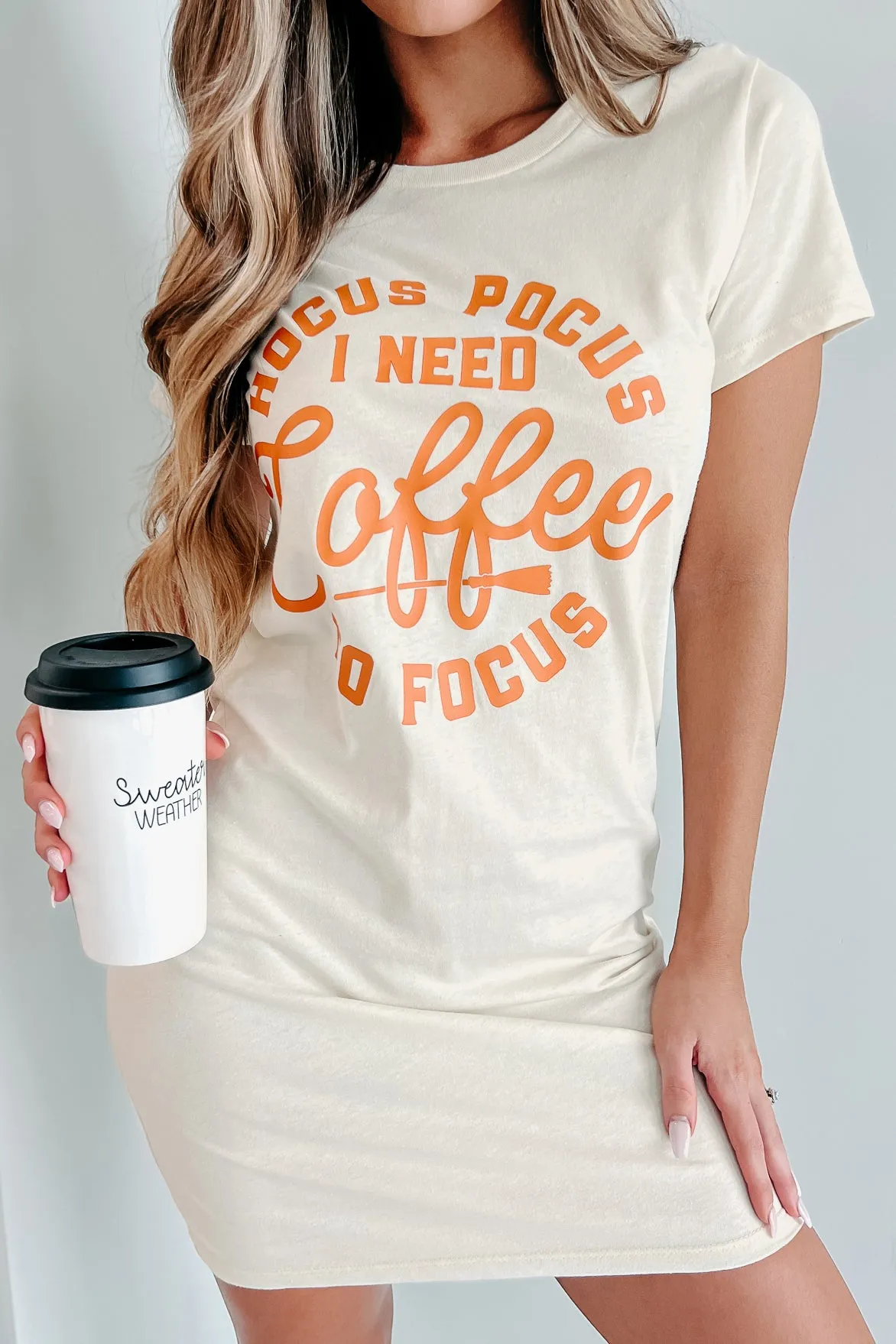 "I Need Coffee To Focus" Graphic T-Shirt Dress (Cream) - Print On Demand