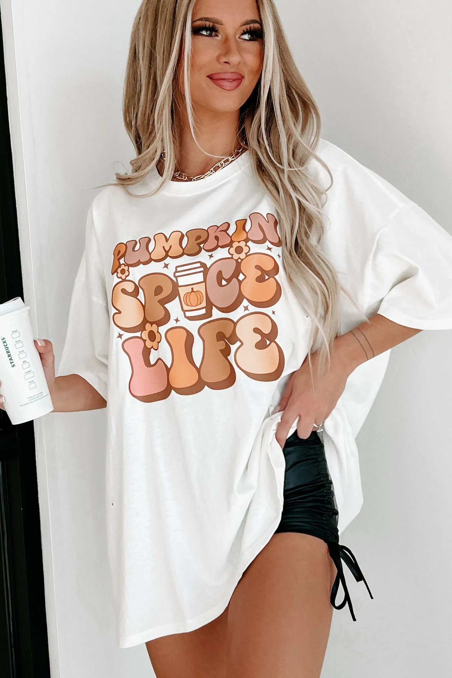 "Pumpkin Spice Life" Oversized Distressed Graphic T-Shirt (Off White) - Print On Demand