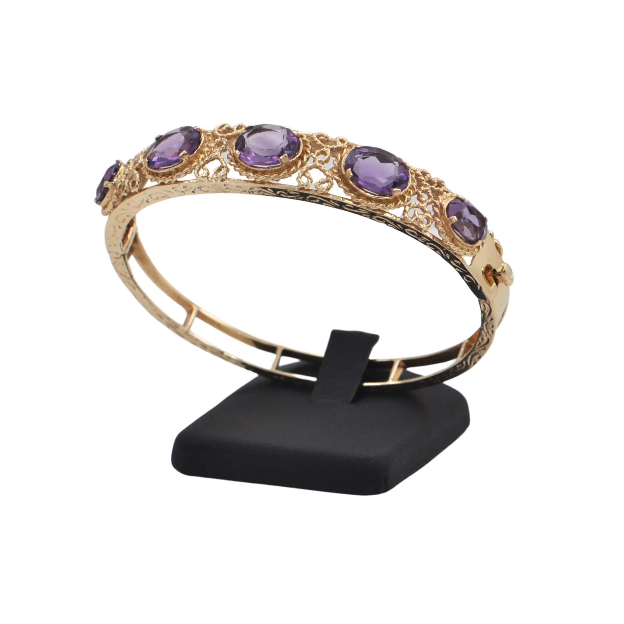 Retro Amethyst 14k Gold Hinged Bangle Bracelet