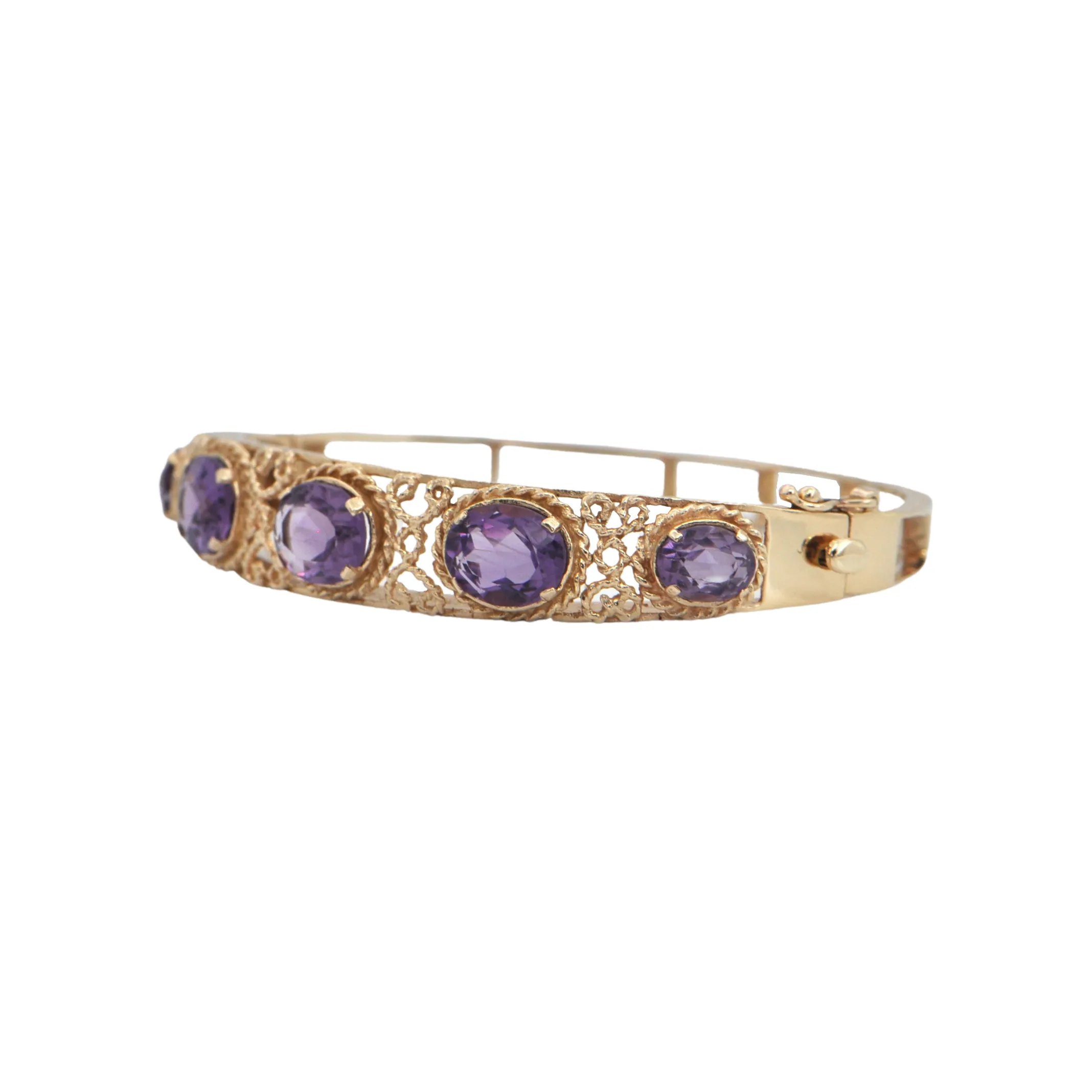 Retro Amethyst 14k Gold Hinged Bangle Bracelet