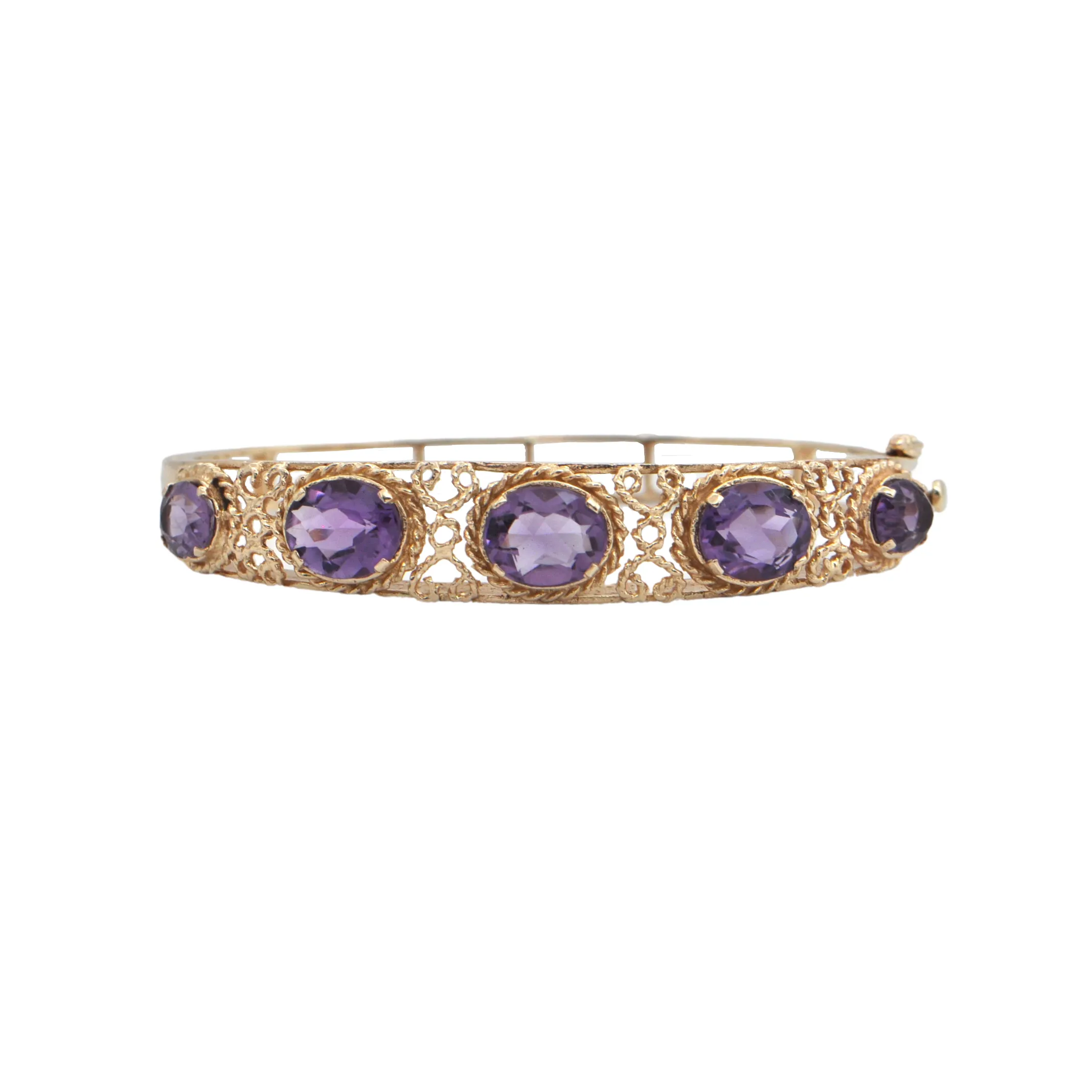 Retro Amethyst 14k Gold Hinged Bangle Bracelet