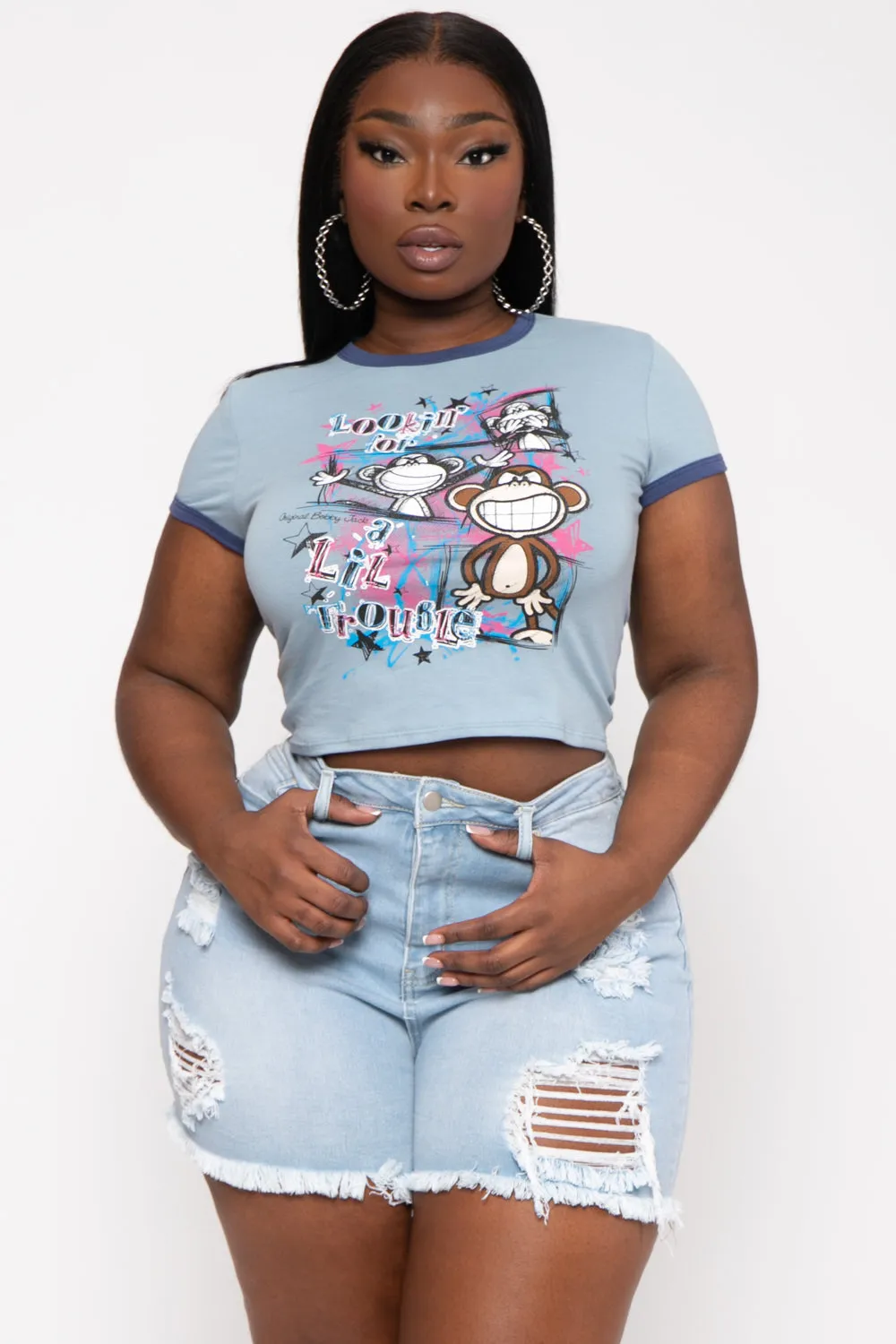 Trouble - Bobby Jack Crop Ringer Top - Blue