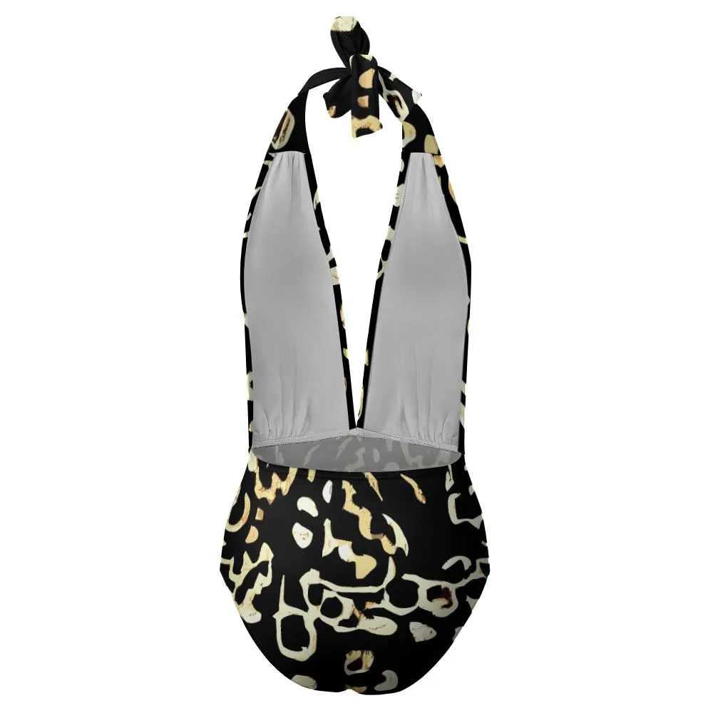 Vampire Art Gold Leopard Black Ladies Halter One Piece Swimsuit