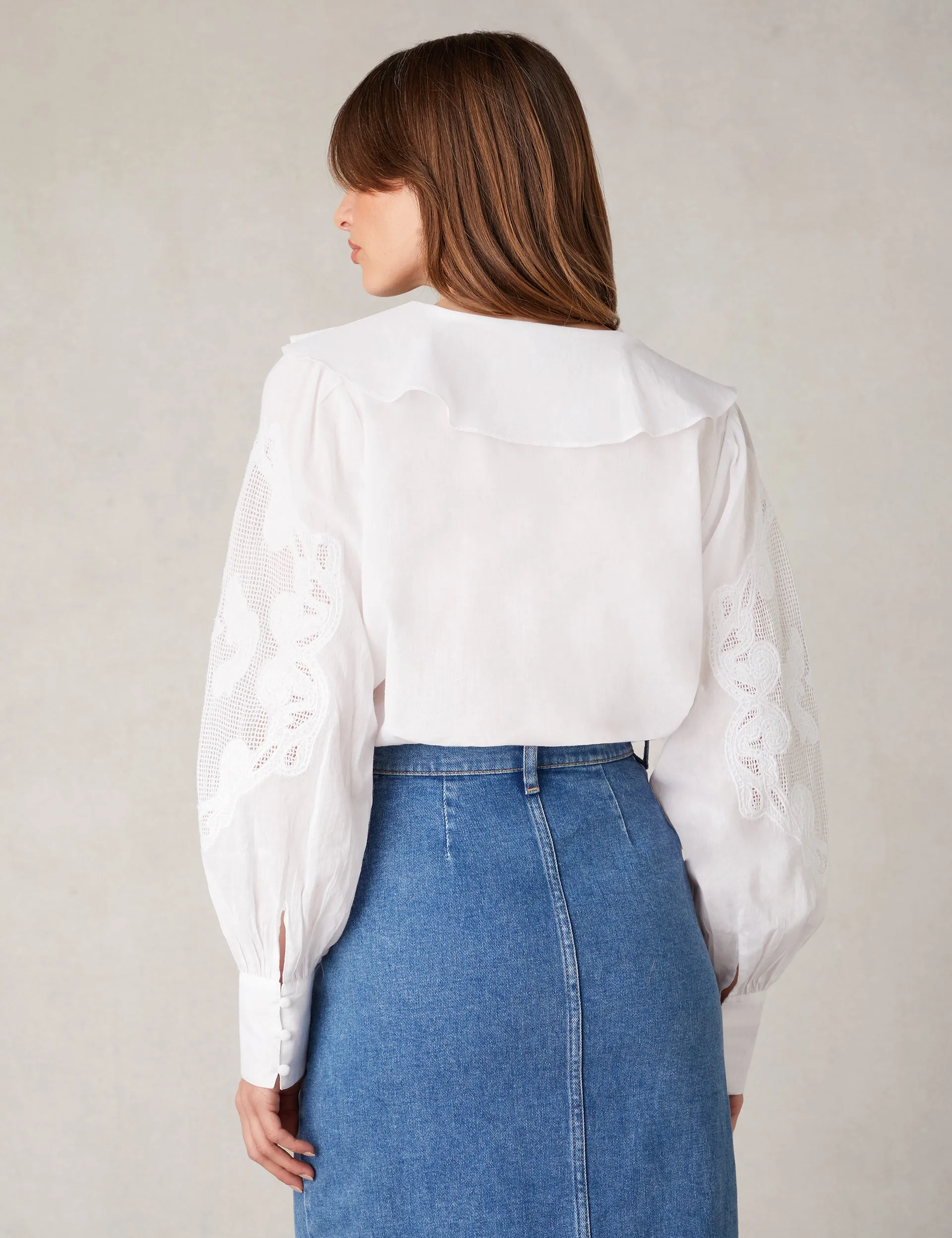 White Embroidery Mesh Sleeve Blouse