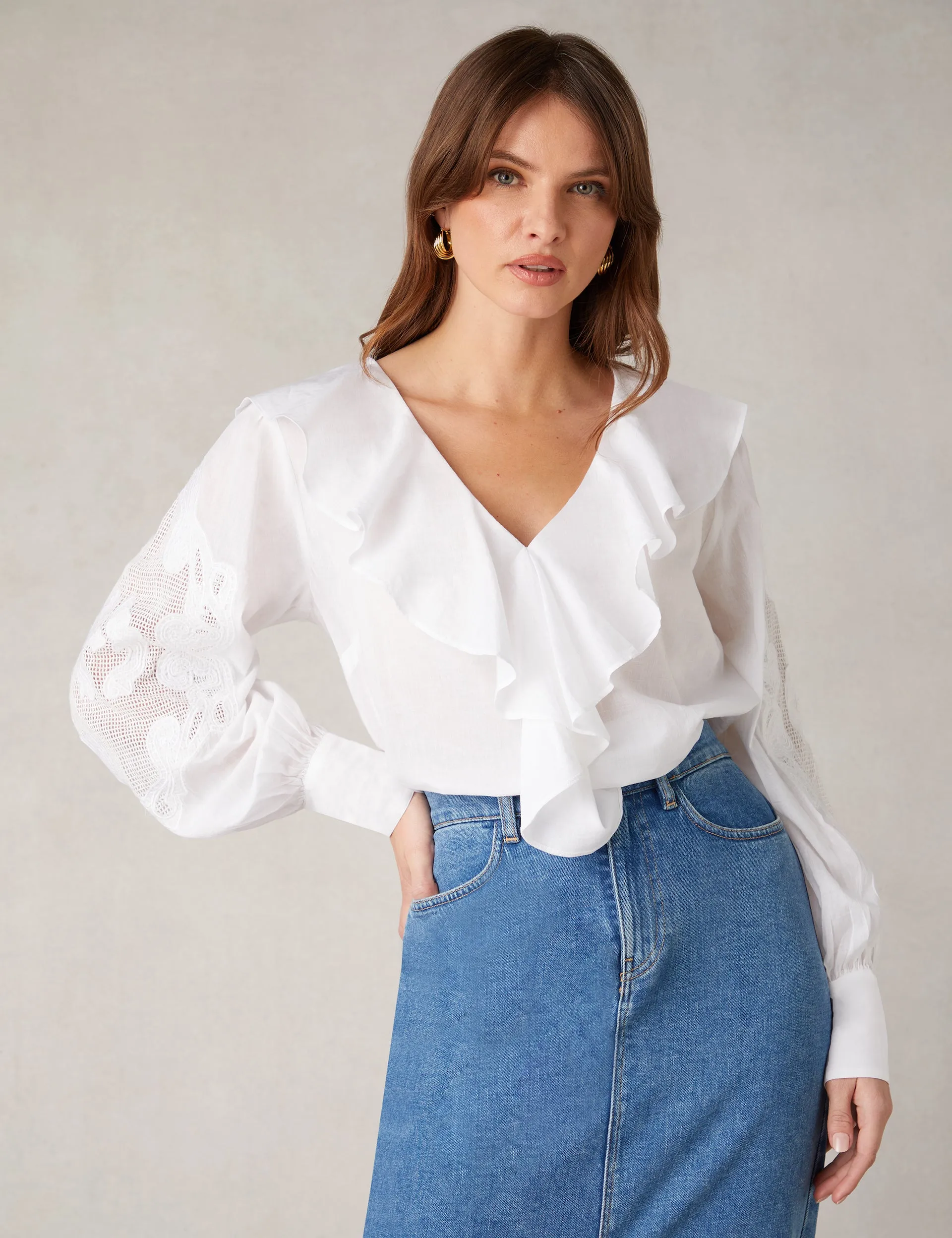 White Embroidery Mesh Sleeve Blouse