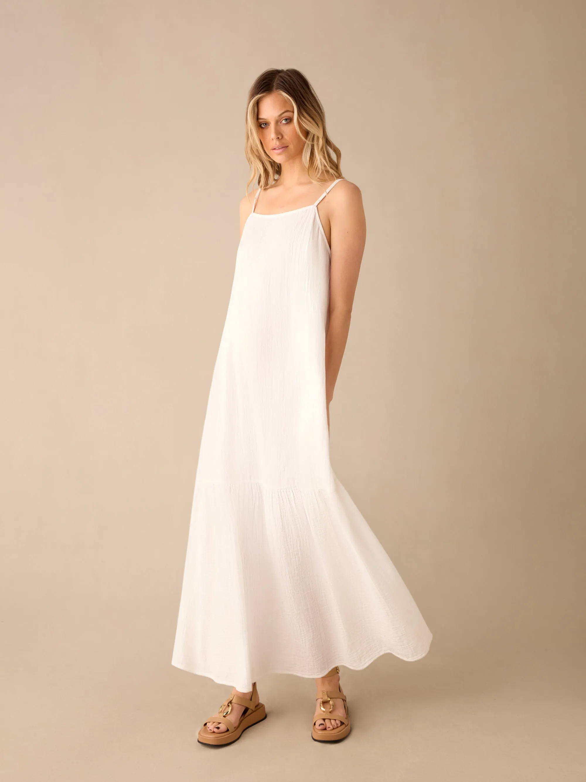 White Tiered Hem Strappy Cheesecloth Dress